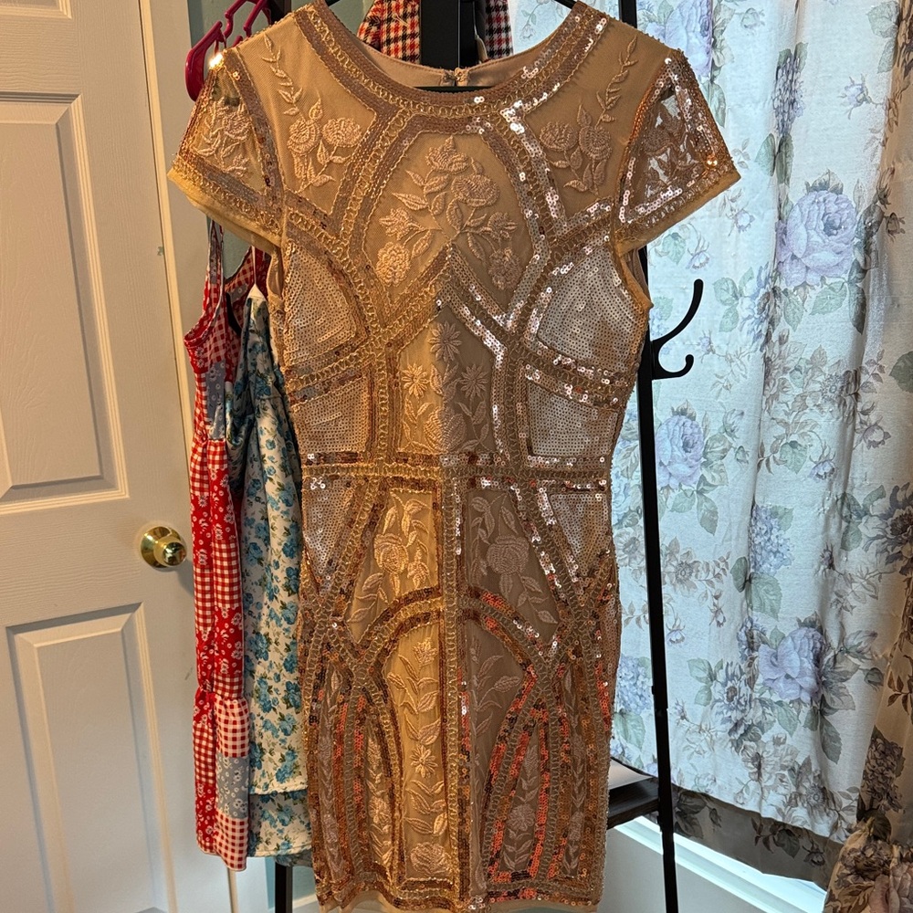 Lulu's Rose Gold Sequin & Embroidered Mini Dress